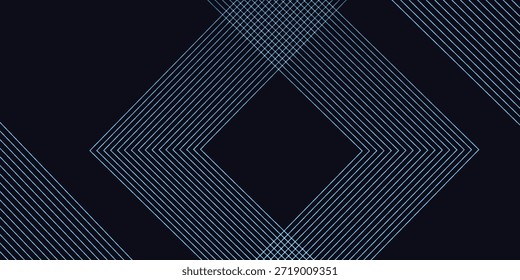 Linhas geométricas brilhantes em azul escuro no fundo. Padrão moderno de linhas quadradas azul brilhante.