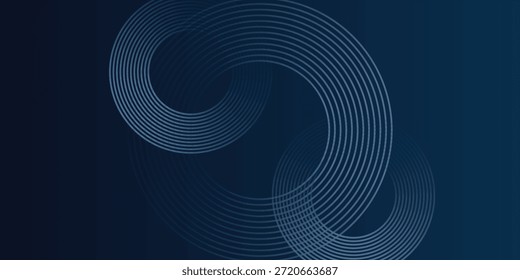Linhas geométricas brilhantes em azul escuro no fundo. Padrão moderno de linhas de círculo azul brilhante. Conceito de tecnologia futurista. Terno para capa, cartaz, banner, cabeçalho, site, arte, moderno