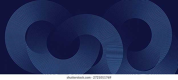 Linhas geométricas brilhantes em azul escuro no fundo. Padrão moderno de linhas de círculo azul brilhante. Conceito de tecnologia futurista. Terno para capa, cartaz, banner eps 10.

