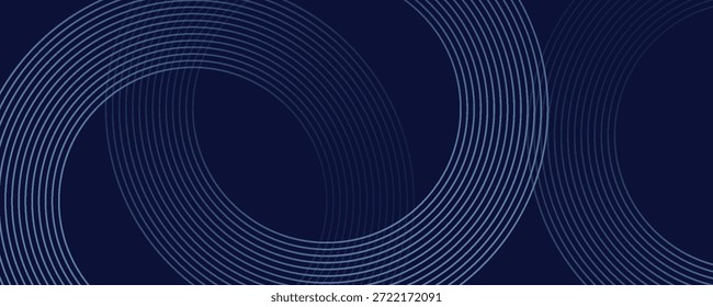Linhas geométricas brilhantes em azul escuro no fundo. Padrão moderno de linhas de círculo azul brilhante. Conceito de tecnologia futurista. Terno para capa, cartaz,