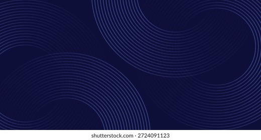 Linhas geométricas brilhantes em azul escuro no fundo. Padrão moderno de linhas de círculo azul brilhante. Conceito de tecnologia futurista. Terno para capa, cartaz, banner, brochura, cabeçalho, site