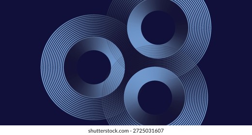 Linhas geométricas brilhantes em azul escuro no fundo. Padrão moderno de linhas de círculo azul brilhante. Conceito de tecnologia futurista. Terno para cobertura moderna