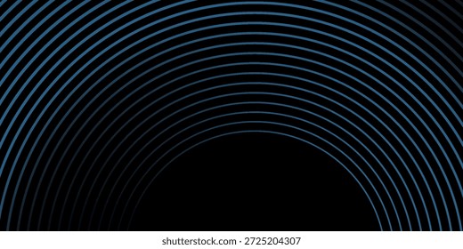 Linhas geométricas brilhantes em azul escuro no fundo. Padrão moderno de linhas de círculo azul brilhante. Conceito de tecnologia futurista. Terno para capa, cartaz,