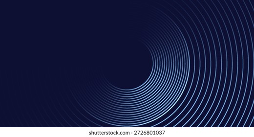 Abstrakte blaue leuchtende geometrische Linien auf dunkelblauem Hintergrund. Moderne glänzende blaue Kreislinien Muster. Futuristisches Technologiekonzept. Anzug für Cover, Poster, Banner, Broschüre, Header, Website