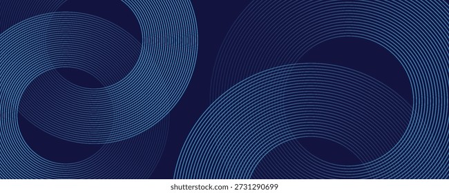 Linhas geométricas brilhantes em azul abstrato no fundo azul escuro. Padrão de linhas de círculo azul brilhante moderno. Conceito de tecnologia futurista. Terno para capa, cartaz, banner eps 10.

