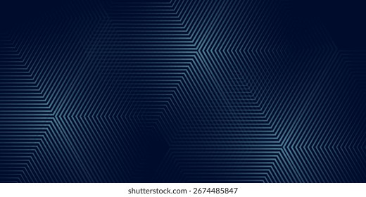 Linhas de hexágono brilhantes em azul escuro sobre fundo azul escuro. Moderna tecnologia de padrão de linhas de hexágono azul brilhante 