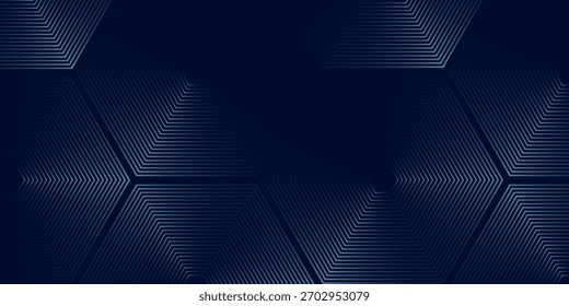 Abstrakte blaue leuchtende Sechsecklinien auf dunkelblauem Hintergrund. Moderne glänzende blaue Sechseck Linien Muster Technologie 