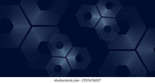 Abstrakte blaue leuchtende Sechsecklinien auf dunkelblauem Hintergrund. Moderne glänzende blaue Sechseck Linien Muster Technologie 