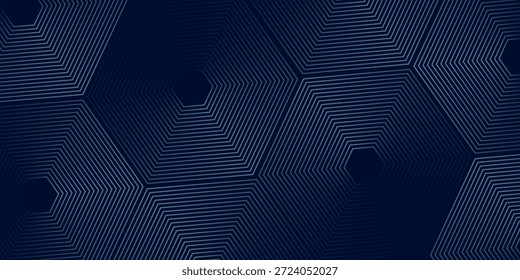 Linhas de hexágono brilhantes em azul escuro sobre fundo azul escuro. Moderna tecnologia de padrão de linhas de hexágono azul brilhante 