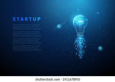 Abstract blue glowing light bulb rocket launch. Low poly style design. Abstract geometric background. Wireframe light connection structure. Modern 3d graphic concept. Isolated vector illustration. - Shutterstock ID 1911678955