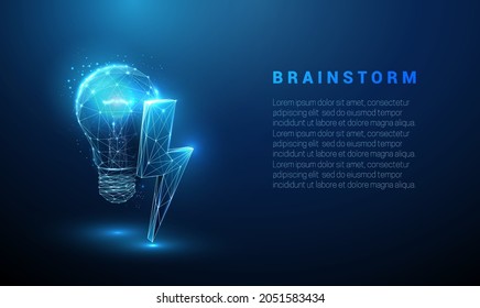 Abstract blue glowing light bulb with lightning. Low poly style design. Abstract geometric background. Wireframe light connection structure. Modern 3d graphic concept. Isolated vector illustration. 