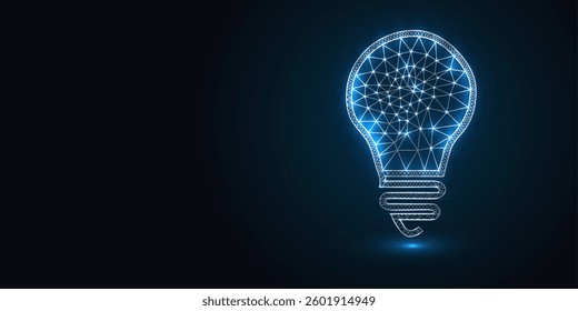Abstract blue glowing light bulb. Low poly style design. Abstract geometric background. Wireframe light connection structure. Modern 3d graphic concept. Isolated vector illustration.
