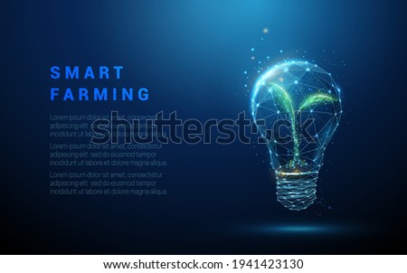 Abstract blue glowing light bulb with green plant inside. Low poly style design. Abstract geometric background. Wireframe light connection structure. Modern 3d graphic concept. Vector illustration.