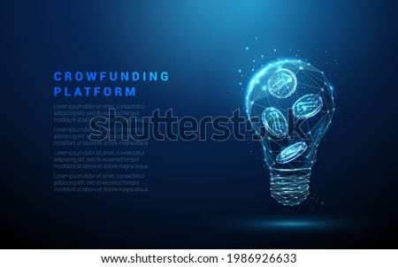 Abstract blue glowing light bulb with coins inside. Low poly style design. Abstract geometric background. Wireframe light connection structure. Modern 3d graphic concept. Vector illustration.