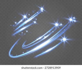 Abstract blue glowing light streaks with sparkles on dark transparent background.