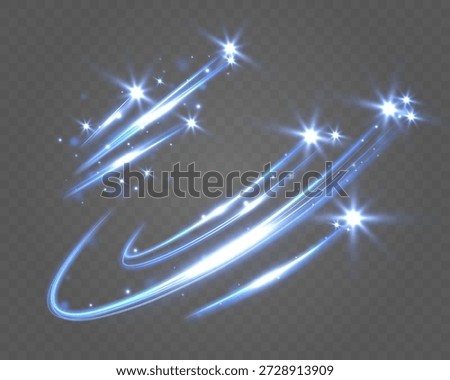 Abstract blue glowing light streaks with sparkles on dark transparent background.