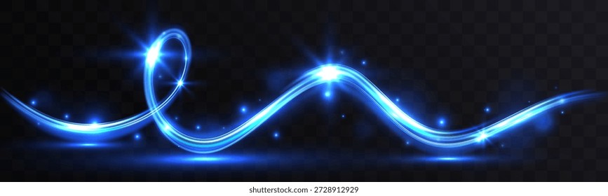 Abstrakte, blau leuchtende Lichtwelle mit funkelndem Licht auf dunklem, transparentem Hintergrund.