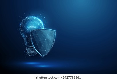 Abstract blue glowing lightbulb behind futuristic guard shield. Copyright protection concept. Low poly style. Geometric background. Wireframe light connection structure. Modern 3d graphic. Vector