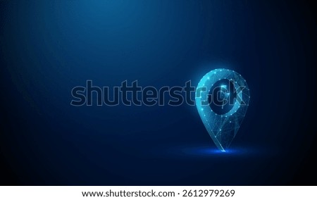Abstract blue glowing lightning inside a pinpoint circle icon. Navigation and electric vehicle charging concept. Futuristic low poly style. Geometric wireframe connection. Digital 3D vector graphic.