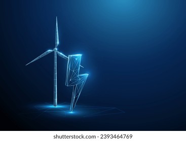 Abstract blue glowing lightning near the wind turbine. Renewable power generation. Green energy concept. Low poly style. Geometric wireframe connection structure. Modern 3d graphic. Vector.