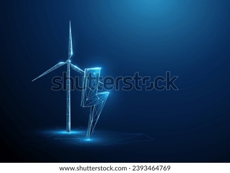 Abstract blue glowing lightning near the wind turbine. Renewable power generation. Green energy concept. Low poly style. Geometric wireframe connection structure. Modern 3d graphic. Vector.