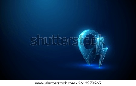 Abstract blue glowing lightning near a pinpoint icon. Navigation energy and electric vehicle charging concept. Futuristic low poly style. Geometric wireframe connection. Digital 3D vector graphic.