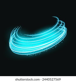 Abstract blue glowing lines and a light ellipse. Magic light effect with neon blue circles in motion and swirling trail effect. Luminous rings with sparkling details. Vibrant motion and energy. Vector