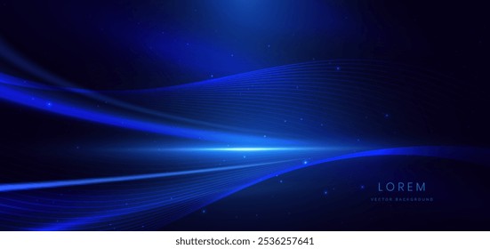 Abstract blue glowing rayn wave lines curved on dark background. Technology communication, innovation future tech data design. Vector illustration