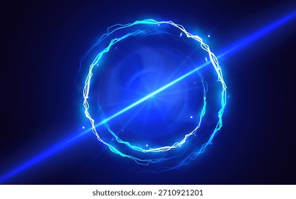 Anel e feixe de luz azul abstrato, um efeito portal futurista. Ilustração vetorial.