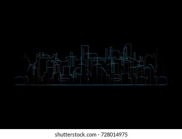 abstract blue glowing skyline. vector cityscape illustration, messy shapes of modern buildings