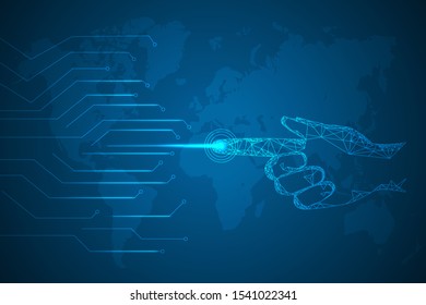 abstract blue glowing trail lines technology digital background. hand touch technological abstract vector illustration.