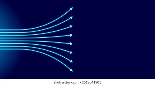 Abstract blue glowing vector arrows technology background graphic. Blue arrows illustration pointing left or right and moving left to right or arrow scattering in different directions