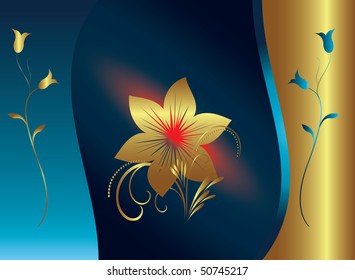 abstract blue and gold background with flowers.Vector