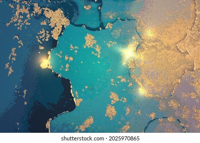 Abstract blue and gold fluid art alcohol ink pattern with marble texture. Modern luxury background with watercolor splash and golden glitter for poster, flyer, brochure design.