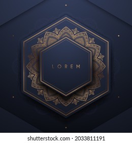 Abstract blue and gold hexagonal luxury frame template