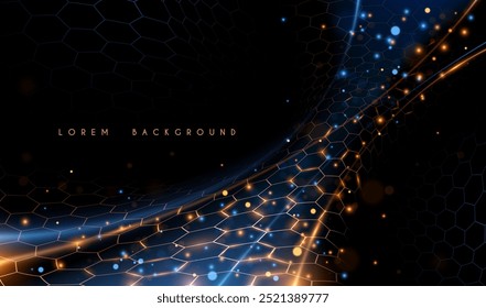 Fundo de hexágonos luz azul e dourado abstrato