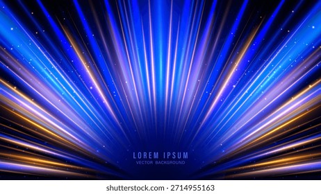 Abstractas fondo de rayos de luz azul y dorado. Líneas de velocidad brillantes de Vector y rayo de sol para premios, celebraciones o diseños futuristas de lujo