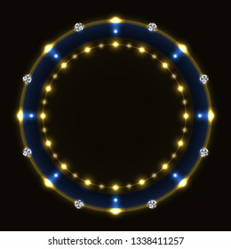 Abstract blue golden round frame with diamonds. 