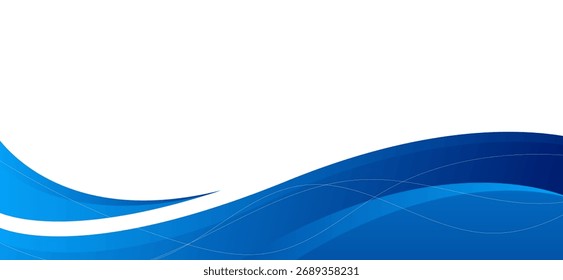 Abstract blue gradient background features smooth, flowing wave shapes and delicate white curved lines on a clean white backdrop, ideal for modern designs and digital projects