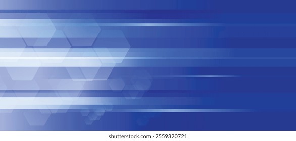 Abstract blue gradient background featuring hexagonal shapes and dynamic horizontal lines, representing technology and modernity. Ideal for business, technology, and innovation projects