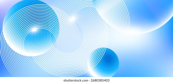 Fundo de gradiente azul abstrato com esferas 3D brilhantes e padrões de círculo concêntrico branco, criando um design digital futurista e moderno. Vetor EPS10.

