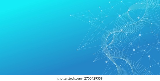 Abstract blue gradient background with interconnected white lines and dots, creating a digital network and flowing data wave patterns. Ideal for technology, science, and business presentations.