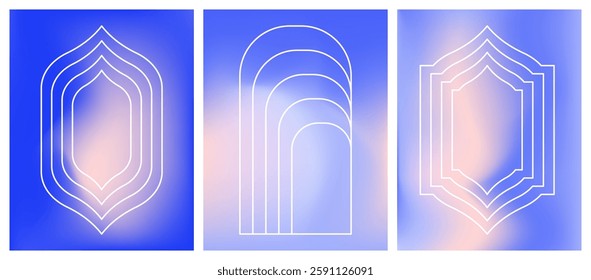 Abstract blue gradient background with oriental style Islamic door and window silhouette in line art. Arabic arch vertical vector banner. Gradient template design for poster, social post, cover, bg