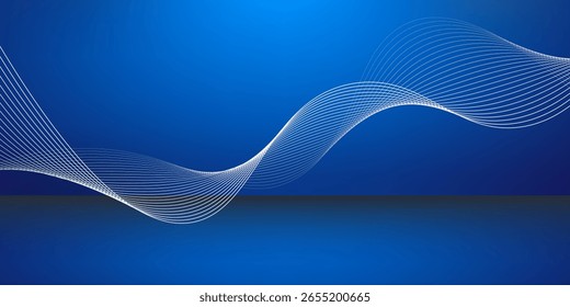Fundo de gradiente azul abstrato com ondas de linhas brilhantes. Fundo minimalista para banner, cartaz, capa, brochura, folheto, site