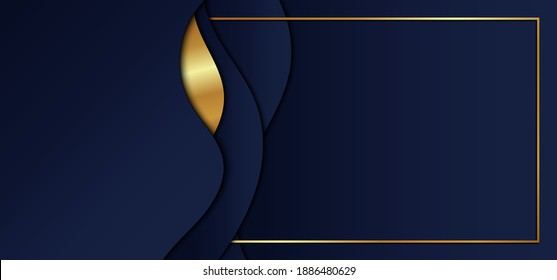 Abstract blue gradient color wave shape with gold stripes and frame overlap layers on dark blue background. Vector illustration