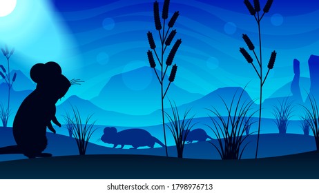 Resumen Gradiente Azul Gradiente Campo Naturaleza Paisaje De Fondo Estilo De Diseño Vector Con Montañas Plantas De Sol Y Ratón