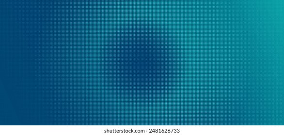 Abstract blue gradient halftone dot horizontal background. Neon or LED light showing blurry circle waves. Modern and simple radial pattern.