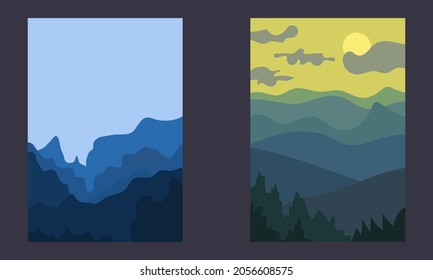 Abstract Blue Gradient Mountain Landscape Vector Hand Drawn Wind Background.