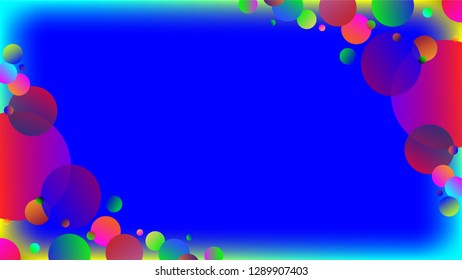 Abstract blue gradient vector background with bright, colorful bubbles/ circles in two corners creating a frame 