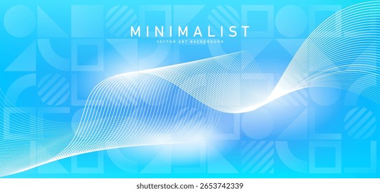 Abstract blue gradient vector background with shining lines waves and geometric Bauhaus pattern. Minimalist modern creative illustration for banner, cards, poster, cover, flyer, social media, ads